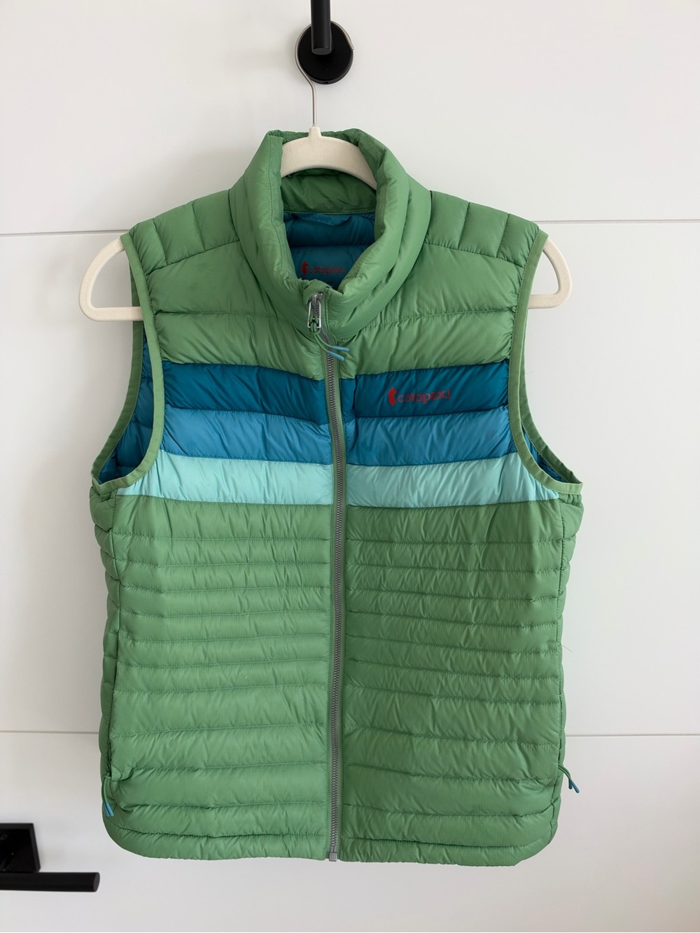 Light Green Quilted women's Puffer Vest with Blue Accent